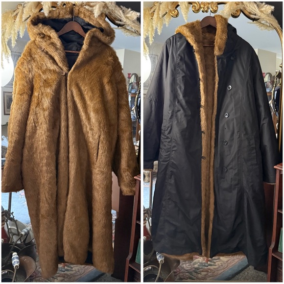 Roaman's Jackets & Blazers - Roamans Black & Brown Reversible Faux Fur Full‑Length Trench Coat Plus Size Cozy